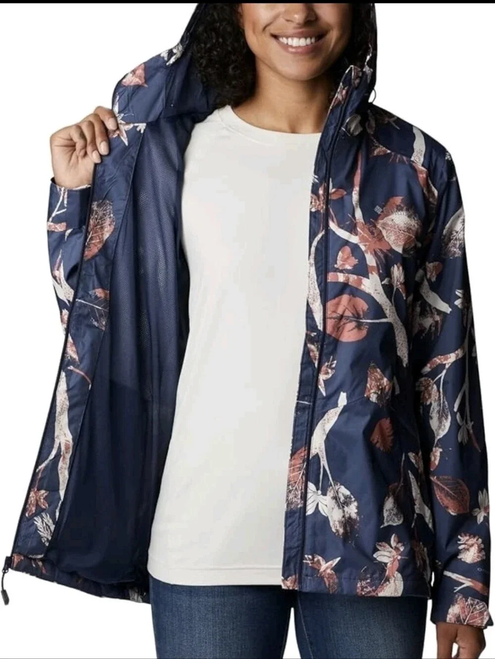Columbia Inner Limits II Navy Leaf Print Packable Hooded Rain Jacket XXL